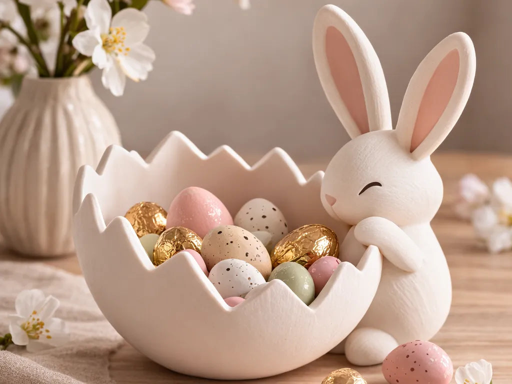 Cuenco Conejito de Pascua impreso en 3D con diseño de conejo dentro de una cáscara de huevo decorativa.