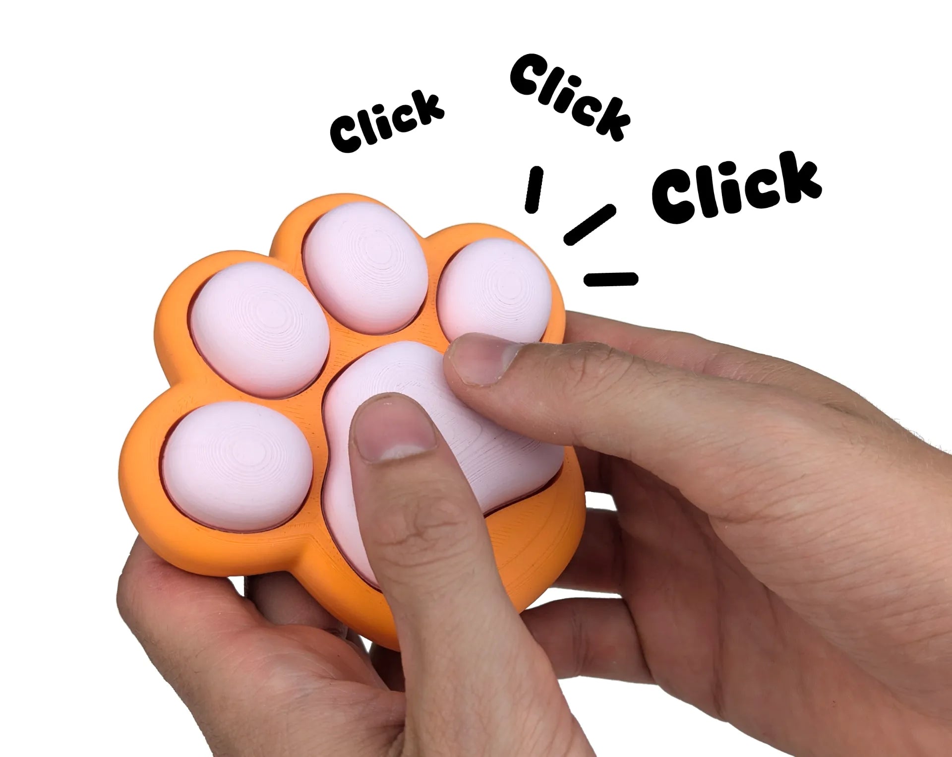 Patita Clicker Antiestrés impresa en 3D con diseño de huella de mascota para aliviar el estrés y mantener las manos ocupadas.