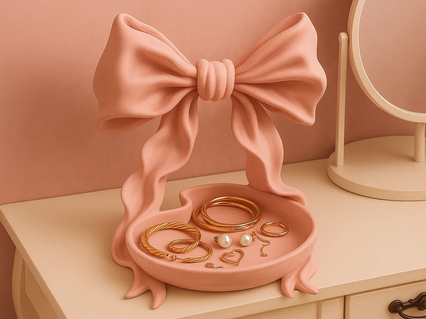 Bandeja para Joyas Coquette con Lazo impresa en 3D para organizar joyas y accesorios con estilo elegante.