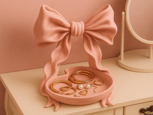 Bandeja para Joyas Coquette con Lazo impresa en 3D para organizar joyas y accesorios con estilo elegante.
