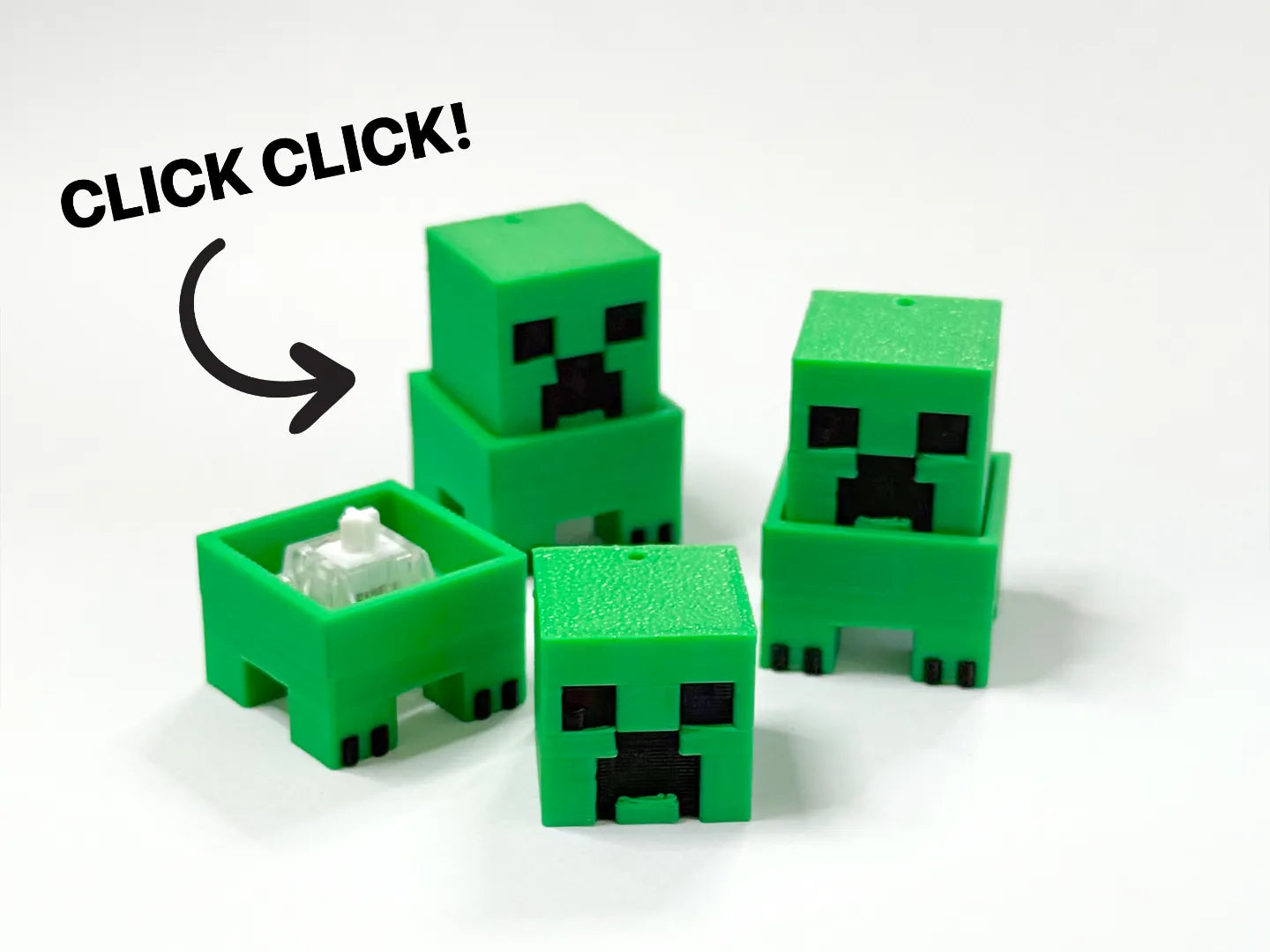 Clicker de Creeper de Minecraft impreso en 3D con diseño antiestrés para escritorio, setup gaming, colección y uso diario.