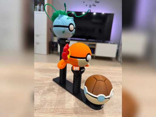 Poki-Base Magnética a Dos Niveles impresa en 3D para exponer y organizar Poki-Bolas en vitrinas, escritorios y estanterías.