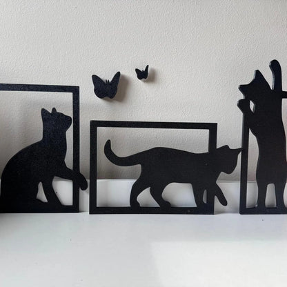 Set Decorativo de Pared Gatos y Mariposas impreso en 3D con siluetas minimalistas para decoración del hogar.