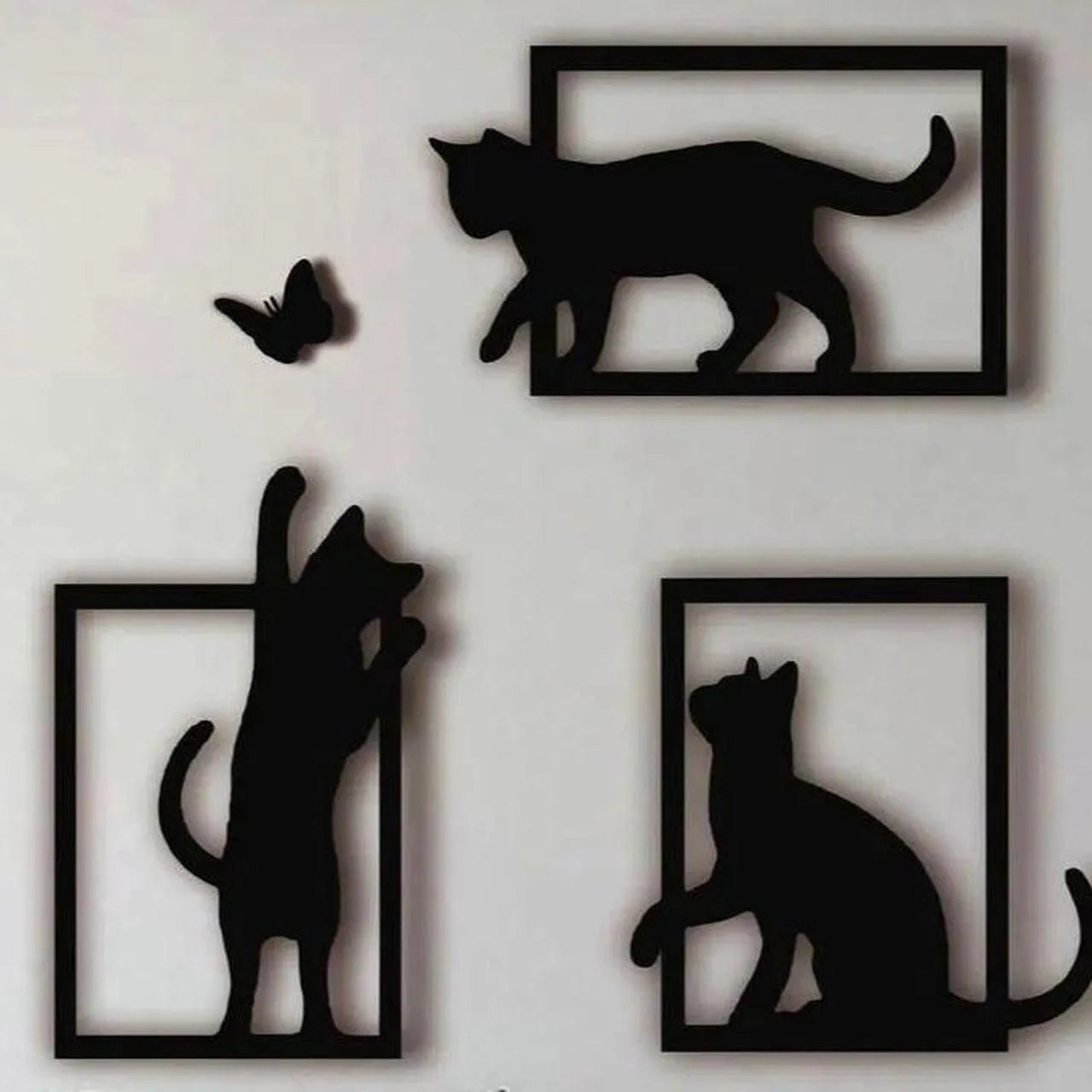 Set Decorativo de Pared Gatos y Mariposas impreso en 3D con siluetas minimalistas para decoración del hogar.