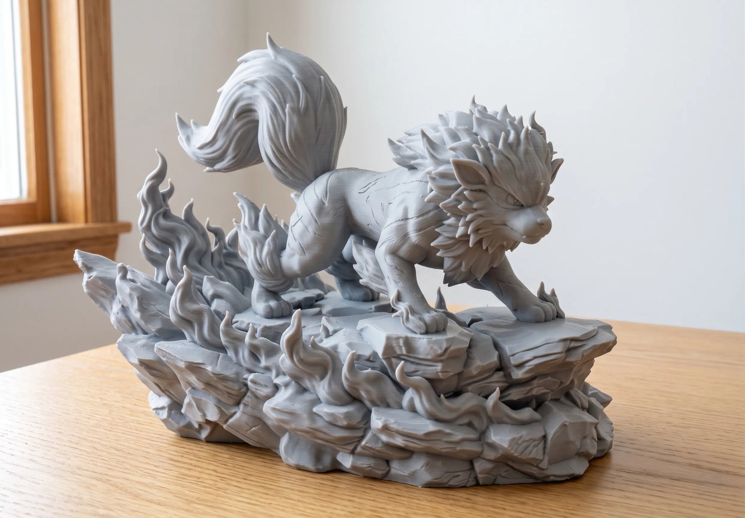 Diorama Pokémon Arcanine En Llamas impreso en 3D con acabado mate y gran nivel de detalle para colección y decoración gaming.