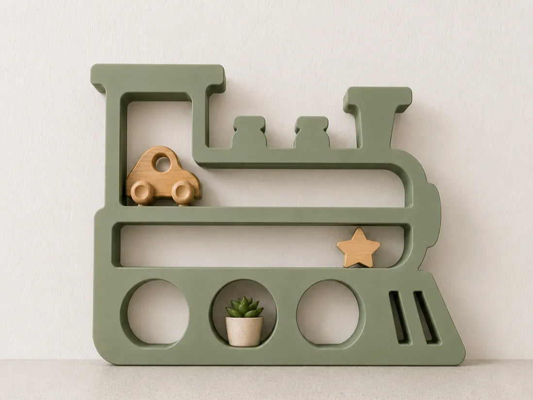 Estantería de Tren Infantil impresa en 3D con diseño de locomotora para decorar habitaciones y organizar juguetes.