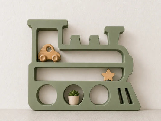 Estantería de Tren Infantil impresa en 3D con diseño de locomotora para decorar habitaciones y organizar juguetes.
