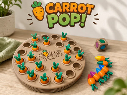 Carrot Pop! juego de memoria impreso en 3D con temática de zanahorias para desarrollar la memoria y la concentración.
