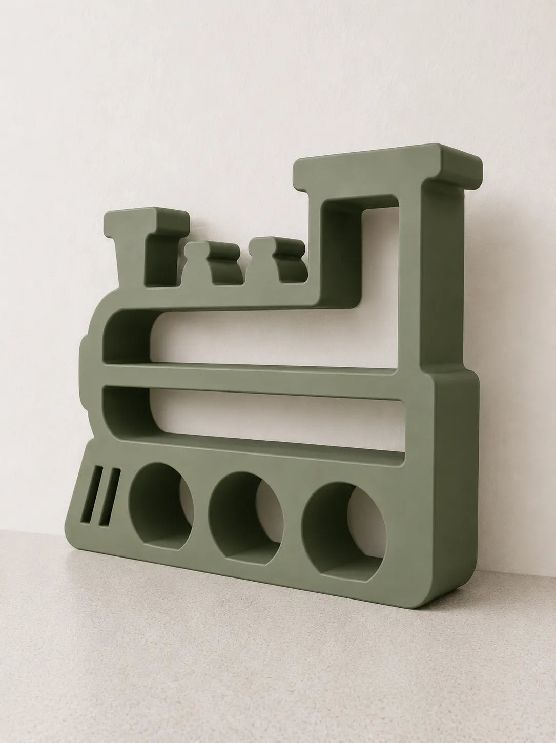 Estantería de Tren Infantil impresa en 3D con diseño de locomotora para decorar habitaciones y organizar juguetes.