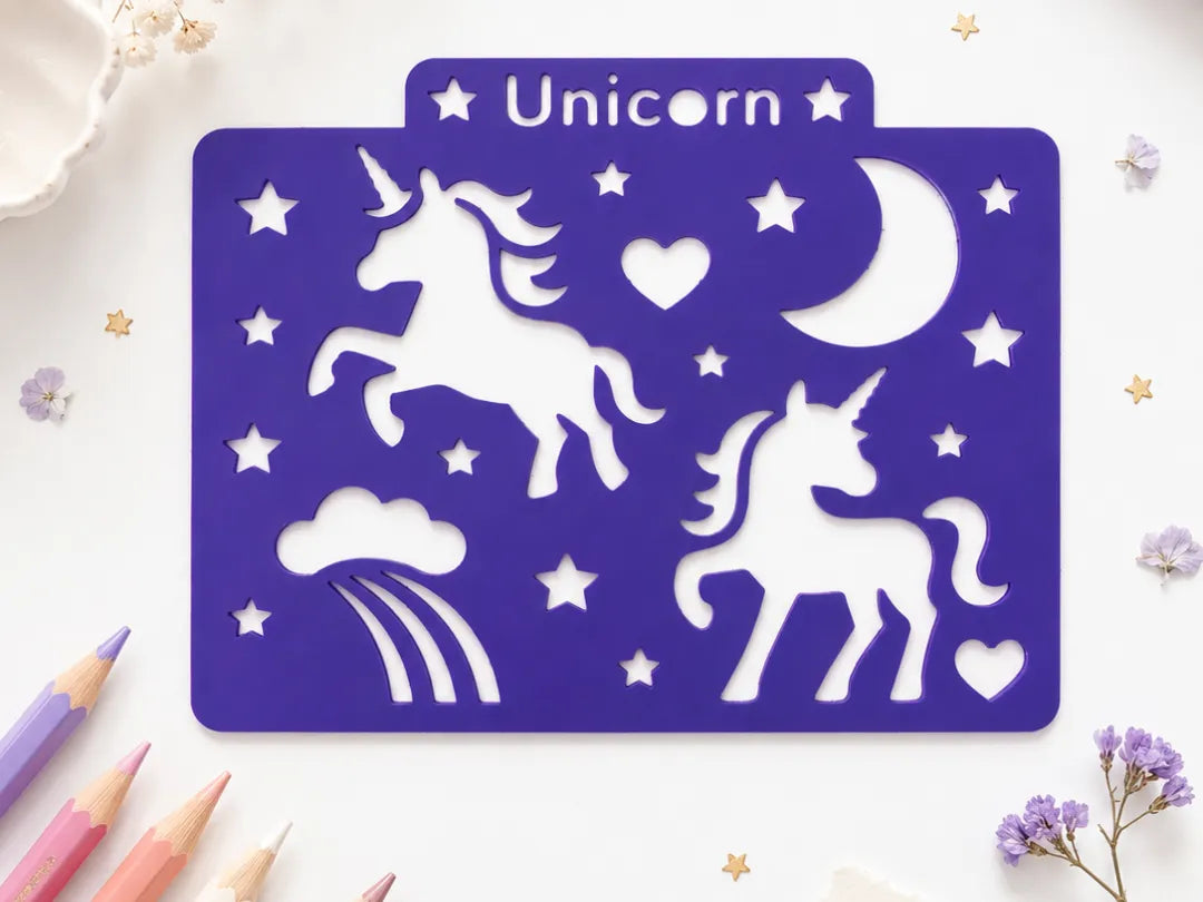 Plantilla de Dibujo de Unicornios impresa en 3D para actividades infantiles, creatividad, aprendizaje y motricidad fina.