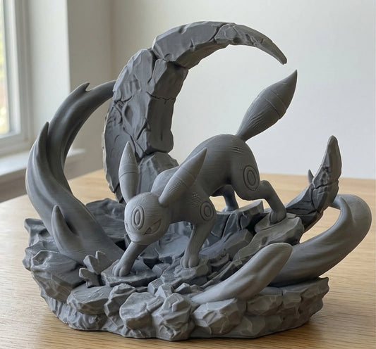 Diorama Pokémon Umbreon Eclipse impreso en 3D con acabado mate y gran nivel de detalle para colección y decoración.