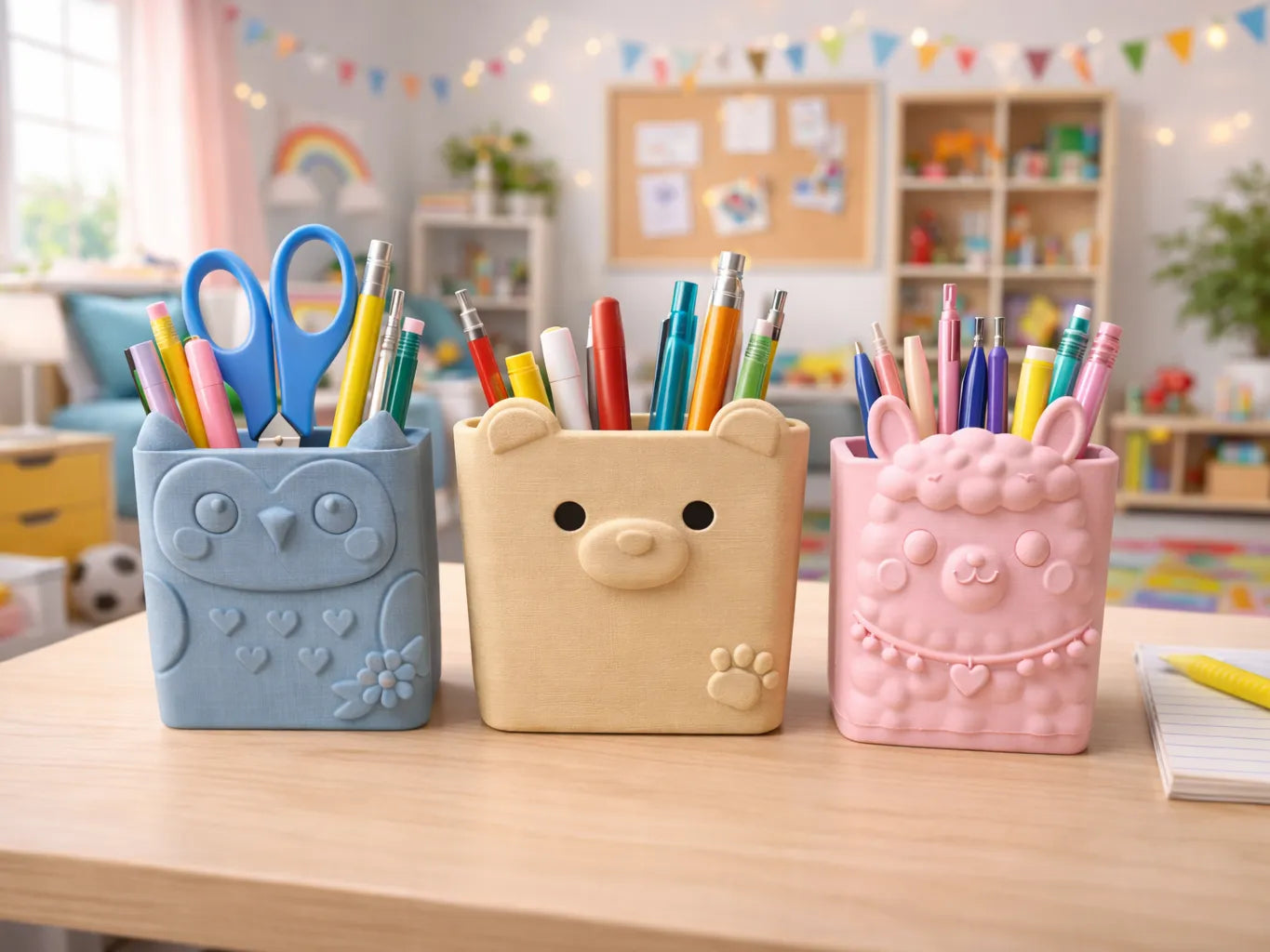 Set de Portalápices Animales Infantil impreso en 3D con tres diseños de animales para organizar material escolar.