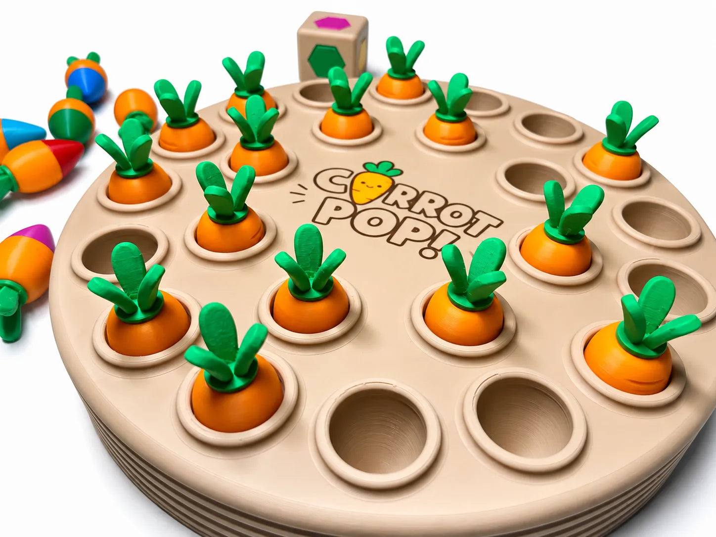 Carrot Pop! juego de memoria impreso en 3D con temática de zanahorias para desarrollar la memoria y la concentración.