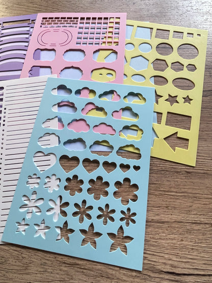 Pack de 5 Plantillas para Bullet Journal para crear calendarios, listas, títulos y diseños en agendas y cuadernos.