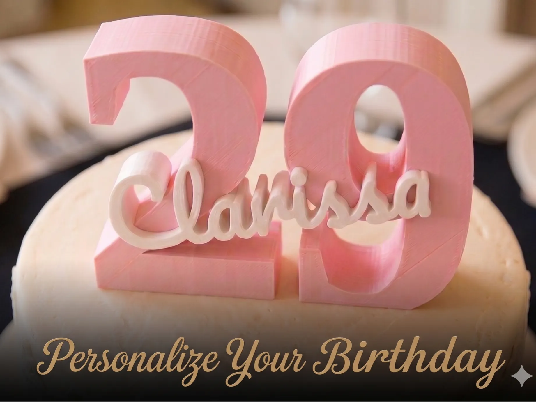 Topper de Cumpleaños Personalizado con Nombre y Edad impreso en 3D para decorar tartas de cumpleaños.