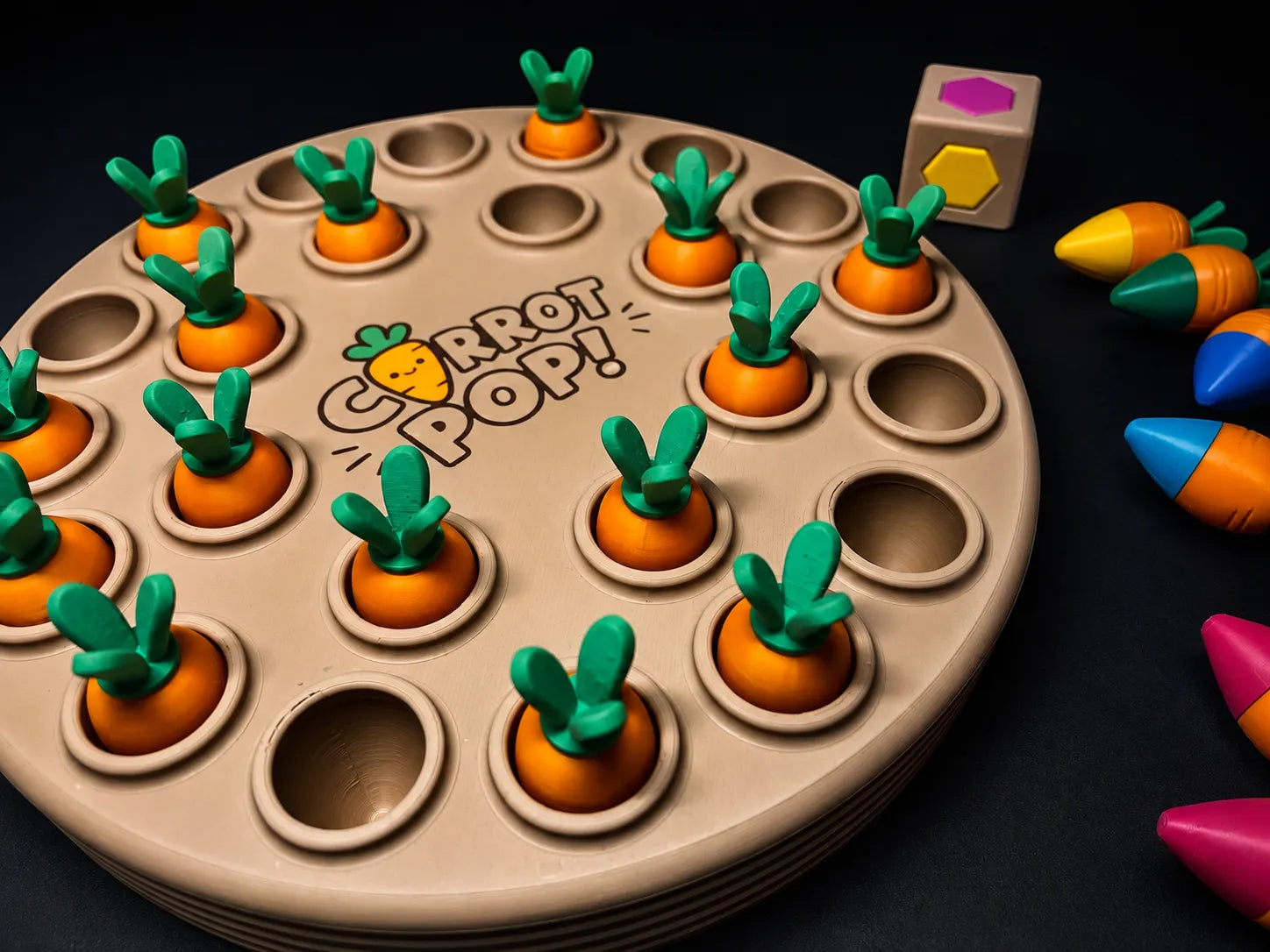 Carrot Pop! juego de memoria impreso en 3D con temática de zanahorias para desarrollar la memoria y la concentración.