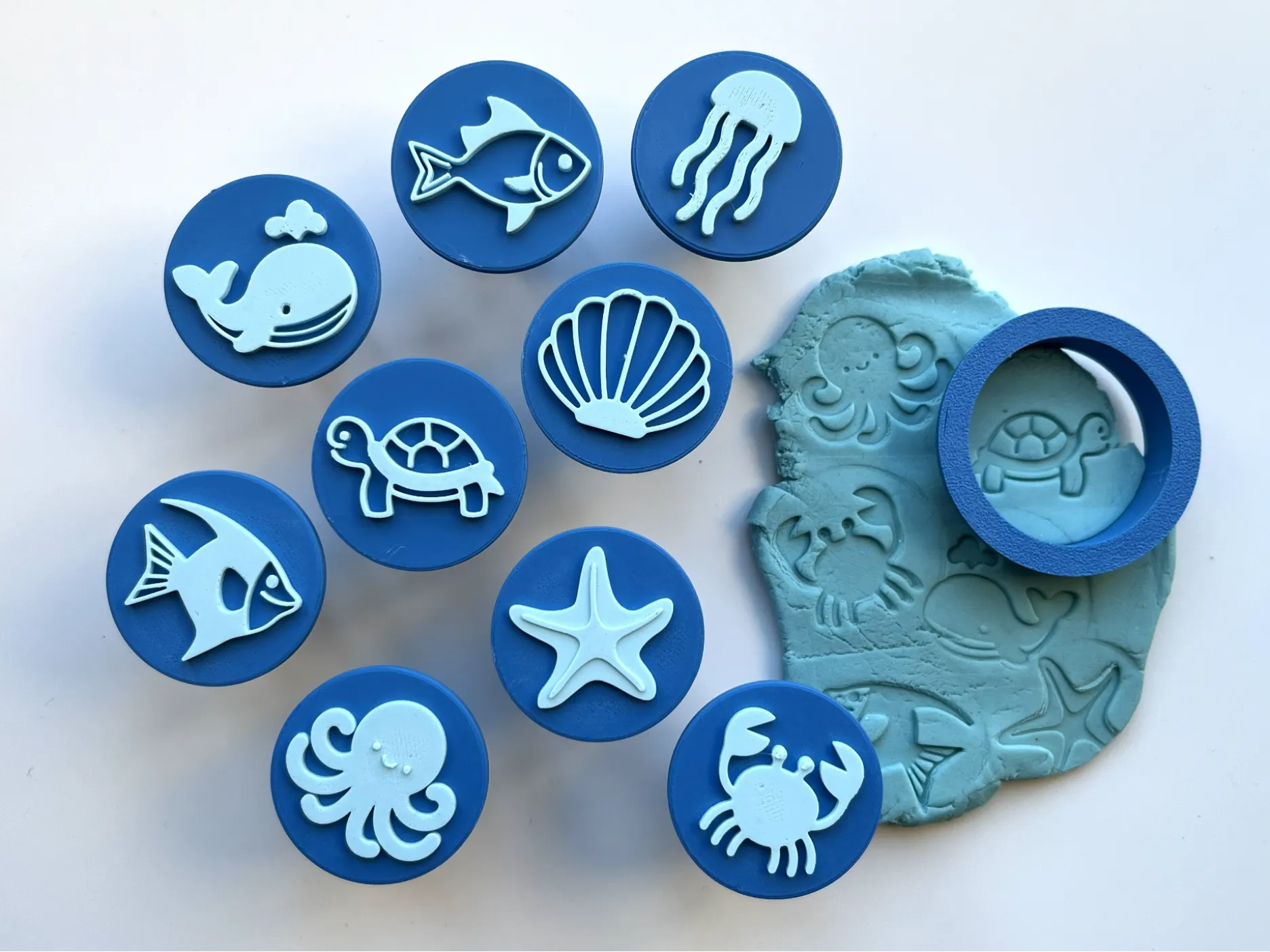Set de Sellos de Animales Marinos para Plastilina impreso en 3D para actividades creativas, aprendizaje y juego infantil.