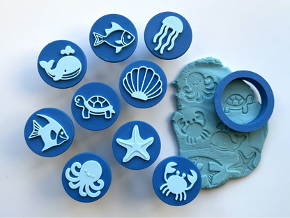 Set de Sellos de Animales Marinos para Plastilina impreso en 3D para actividades creativas, aprendizaje y juego infantil.